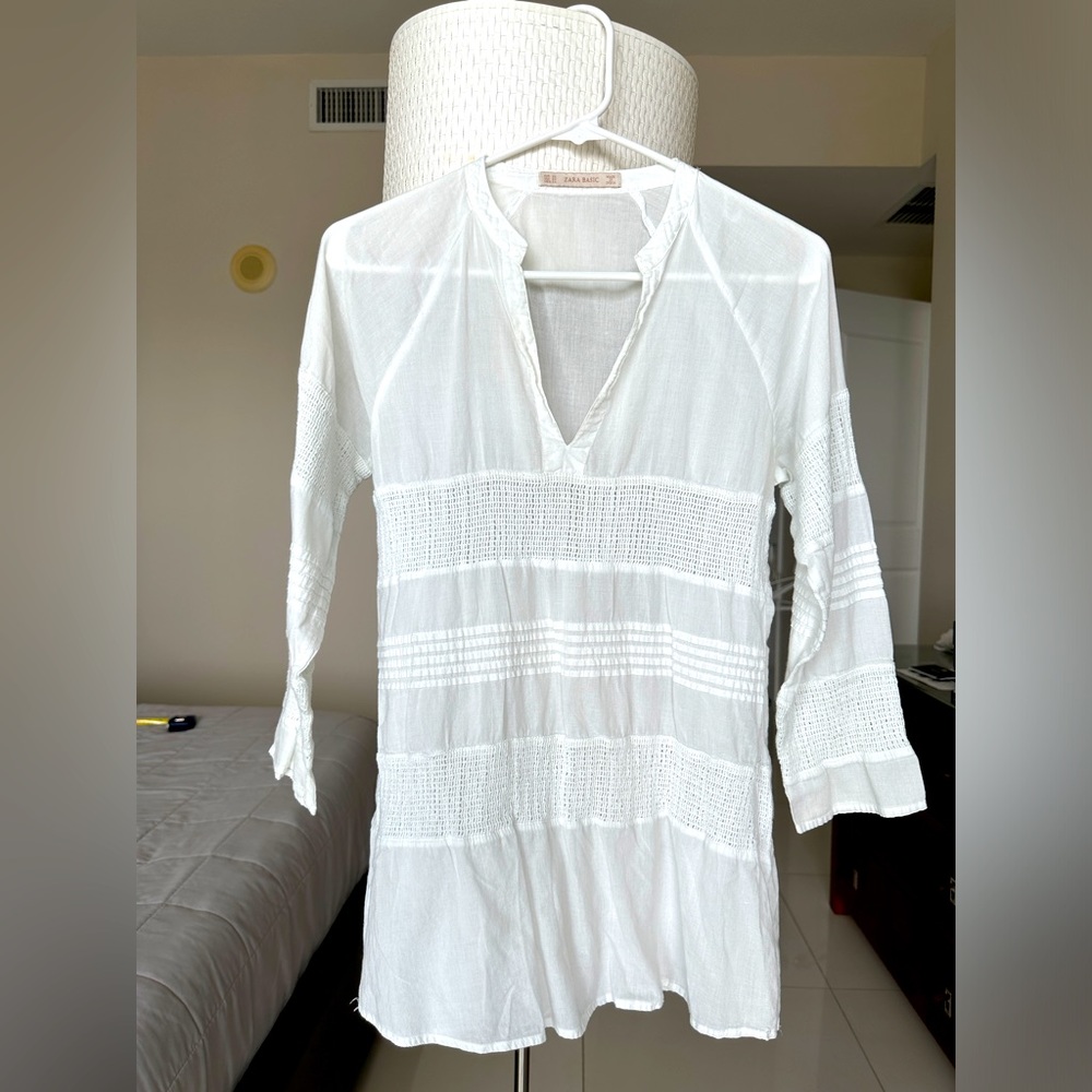 Zara cotton TUNIC beach cover up white long sleeve XS